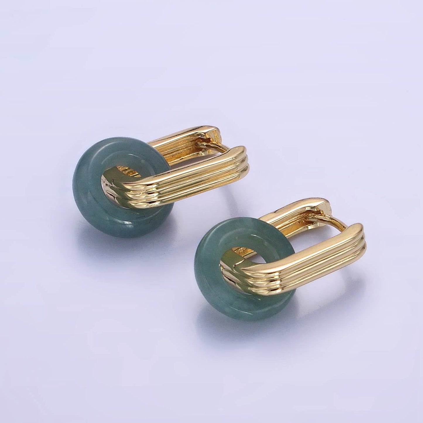 14K Gold Filled Green Jade Donut Drop Lined Oblong Earrings